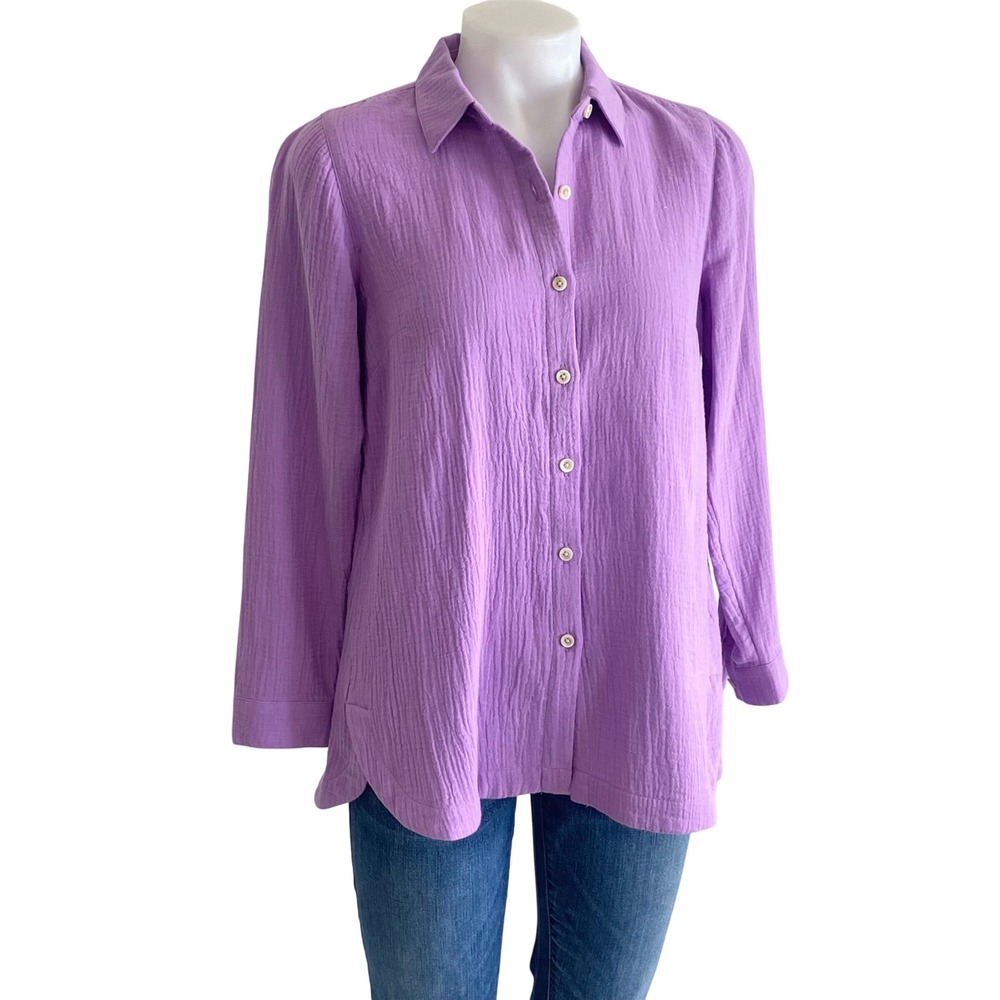 J. Jill Purple Cotton Double Gauze Button Down Shirt XS Petite Long Sleeve Top